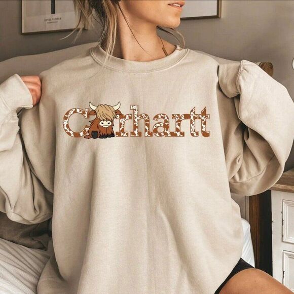 Carhartt Highland Cow NEW tan crewneck sweatshirt - Picture 1 of 1
